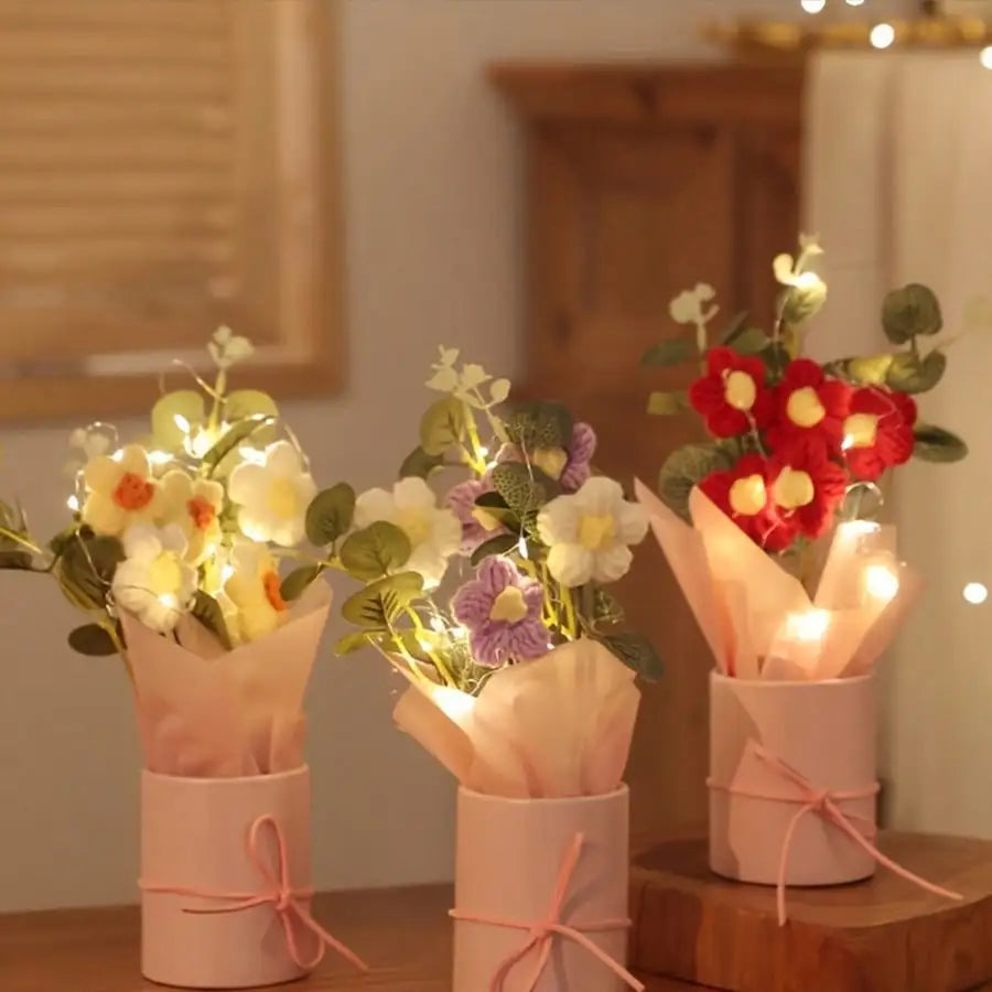 1pc Artifiical Folwer Bouquet Wool Puff Flower Bucket Home Furnishings Handmade Crochet Yarn Bouquet Valentine's Day Gift Home