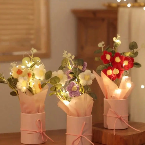 1pc Artifiical Folwer Bouquet Wool Puff Flower Bucket Home Furnishings Handmade Crochet Yarn Bouquet Valentine's Day Gift Home