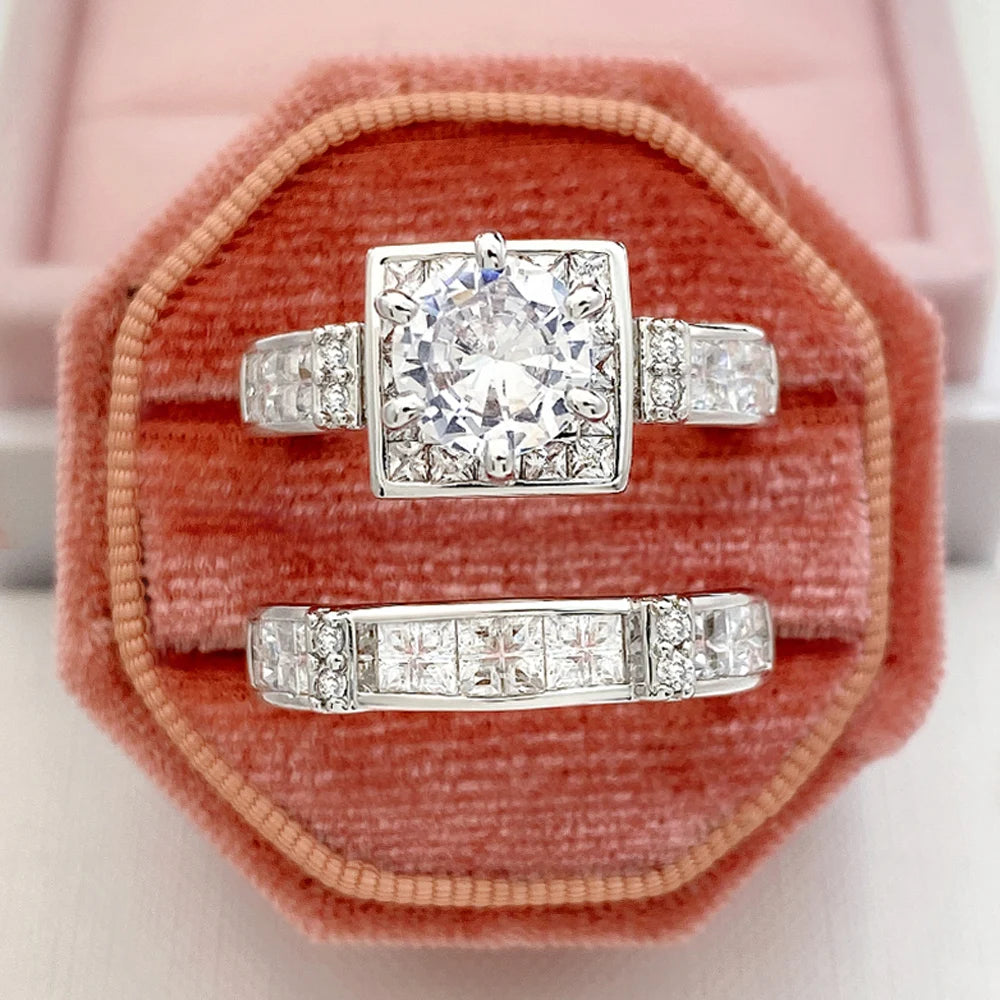 Huitan Set Lady Rings Luxury Wedding Engagement Party Finger Accessories Inlaid Shining Cubic Zirconia Graceful Fashion Jewelry