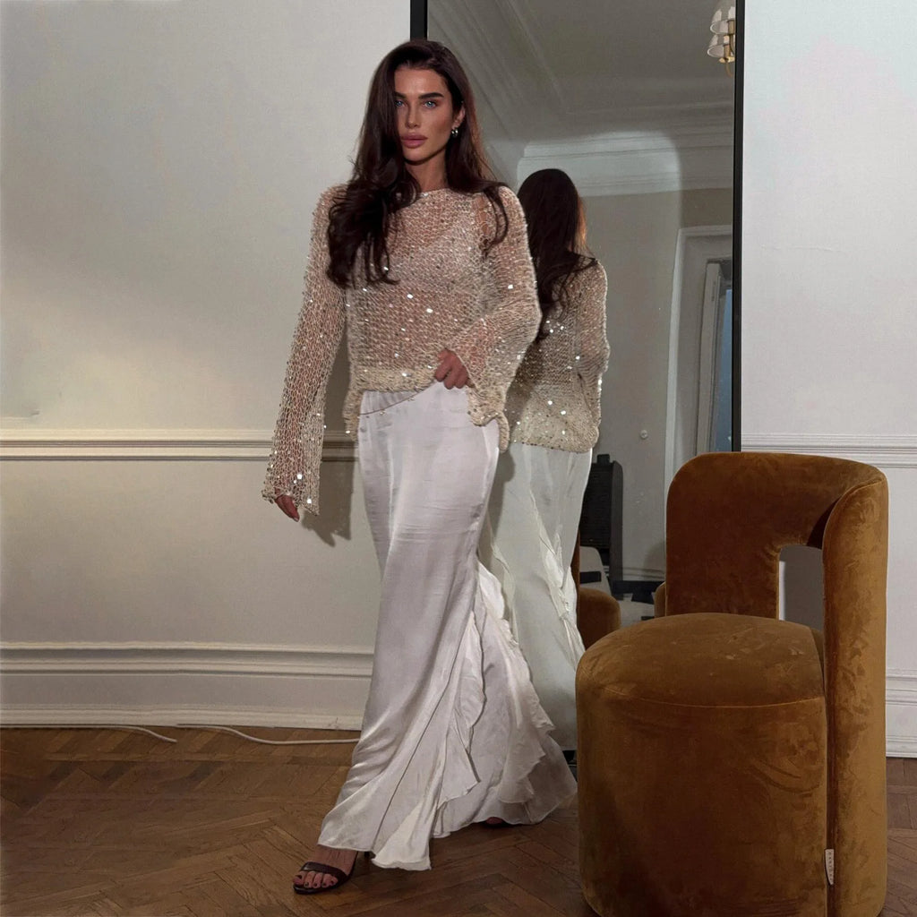 Sequined Knitting O-neck Pullover Women Elegant Hollow Out Design Long Sleeve 2025 Spring Evening Party Tops for Ladies