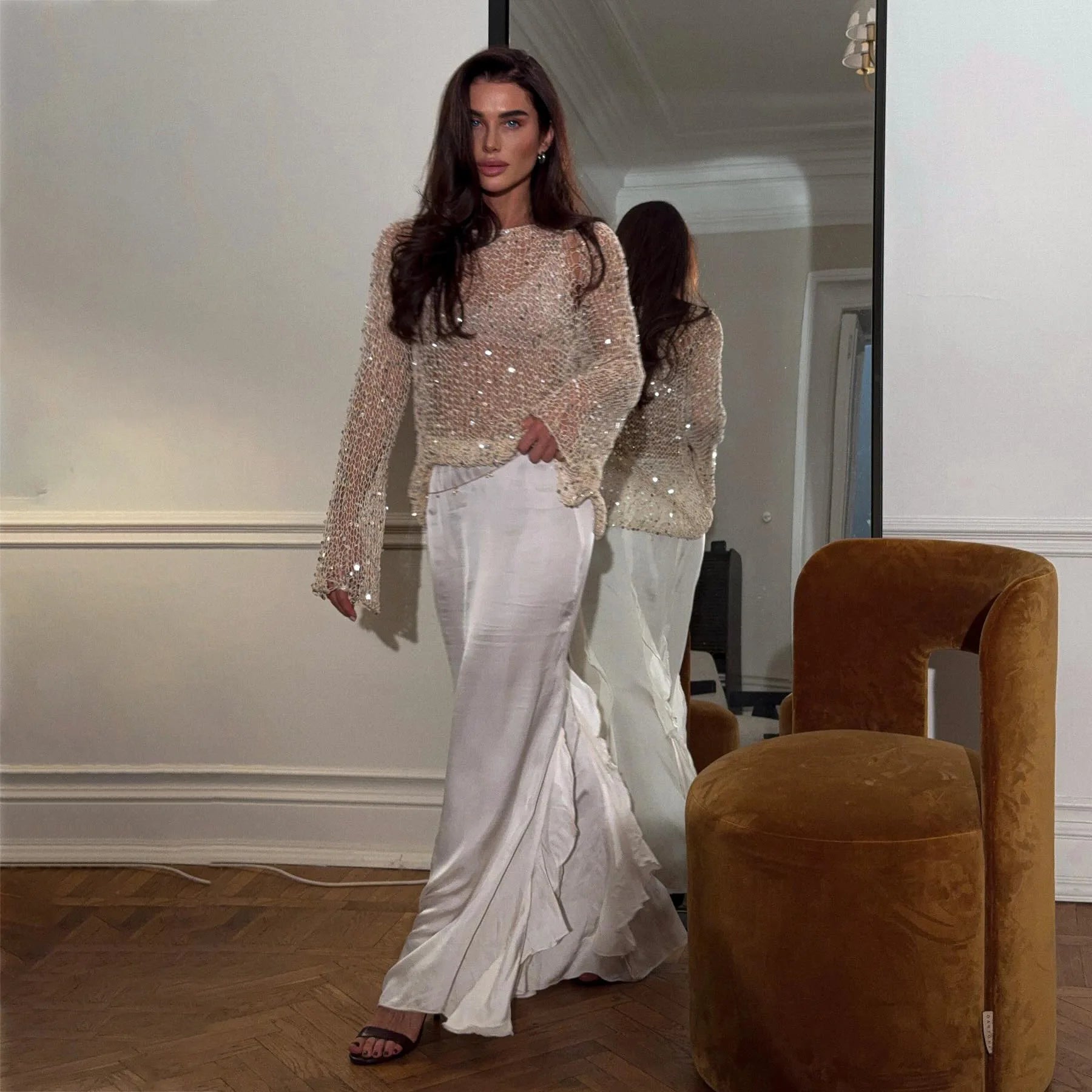Sequined Knitting O-neck Pullover Women Elegant Hollow Out Design Long Sleeve 2025 Spring Evening Party Tops for Ladies