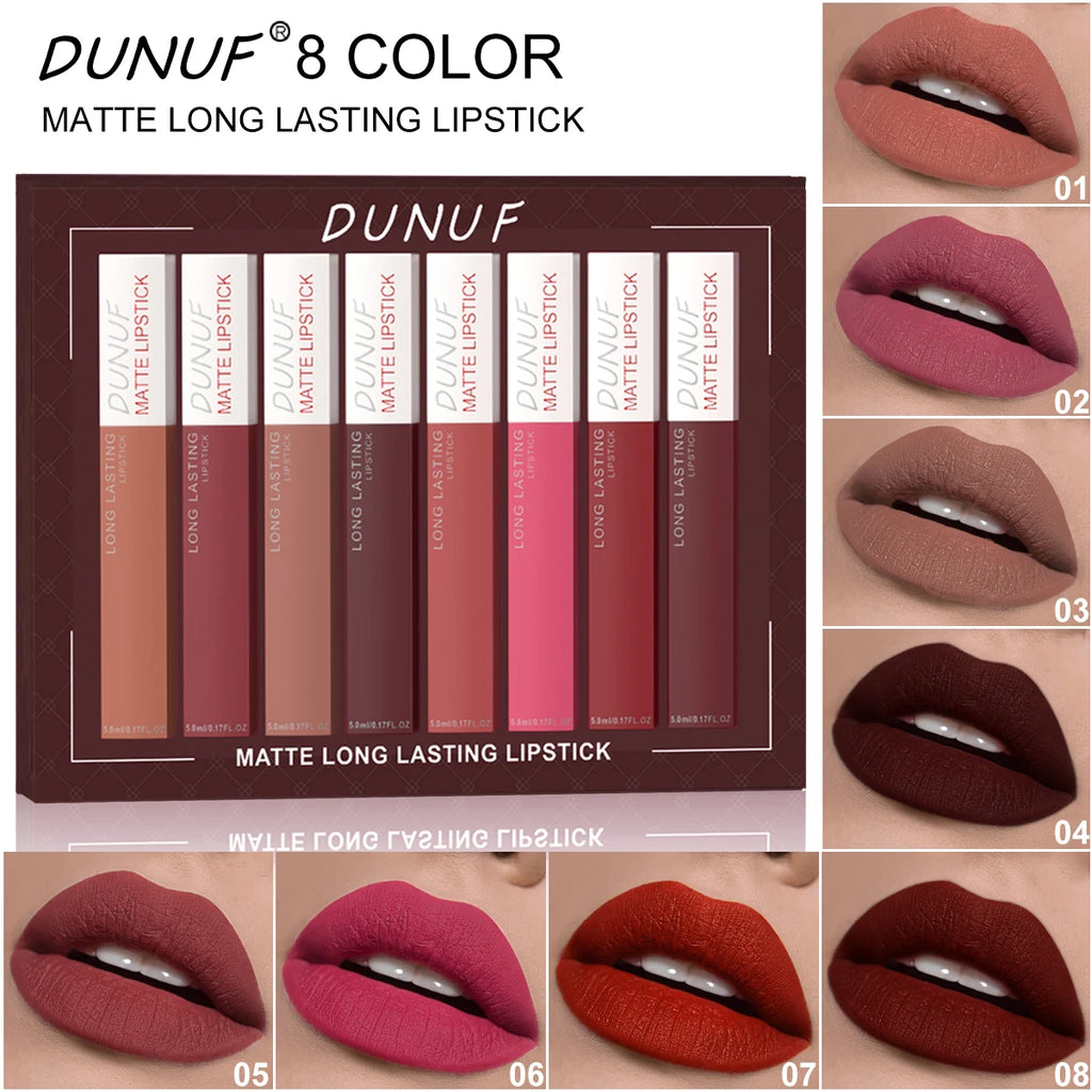 DUNUF 8 pcs matte color lasting lip gloss set three-dimensional plastic lips waterproof anti-sweat non-stick cup lipstick set