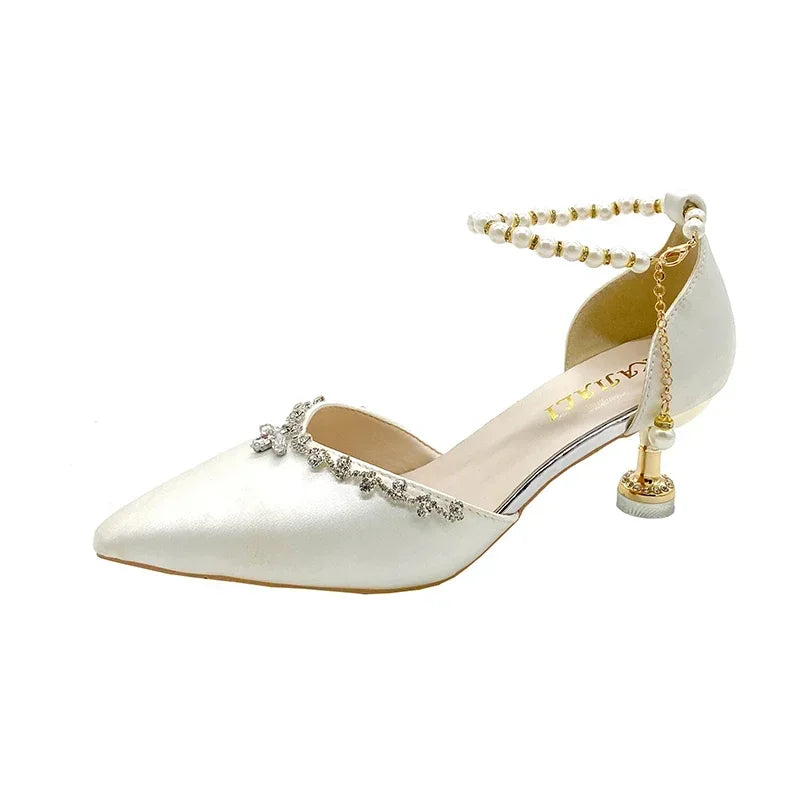 Pointed Toe Baotou Sandals Women's 2025 New Stiletto Hollow Single Shoes Versatile Pearl Strap Women's Shoes