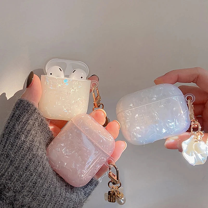 Luxury Girls Pearl Case Protective Shell with Keychain For AirPods 4 3 2 1 Pro Wireless Earphone Accessories Headphone Box Cover