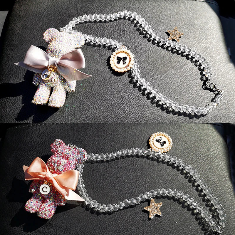 Cartoon Bear Bow Crystal Diamond Car Pendant Mirror Hanging Ornaments Bling Auto Interior Decoration for Men Women