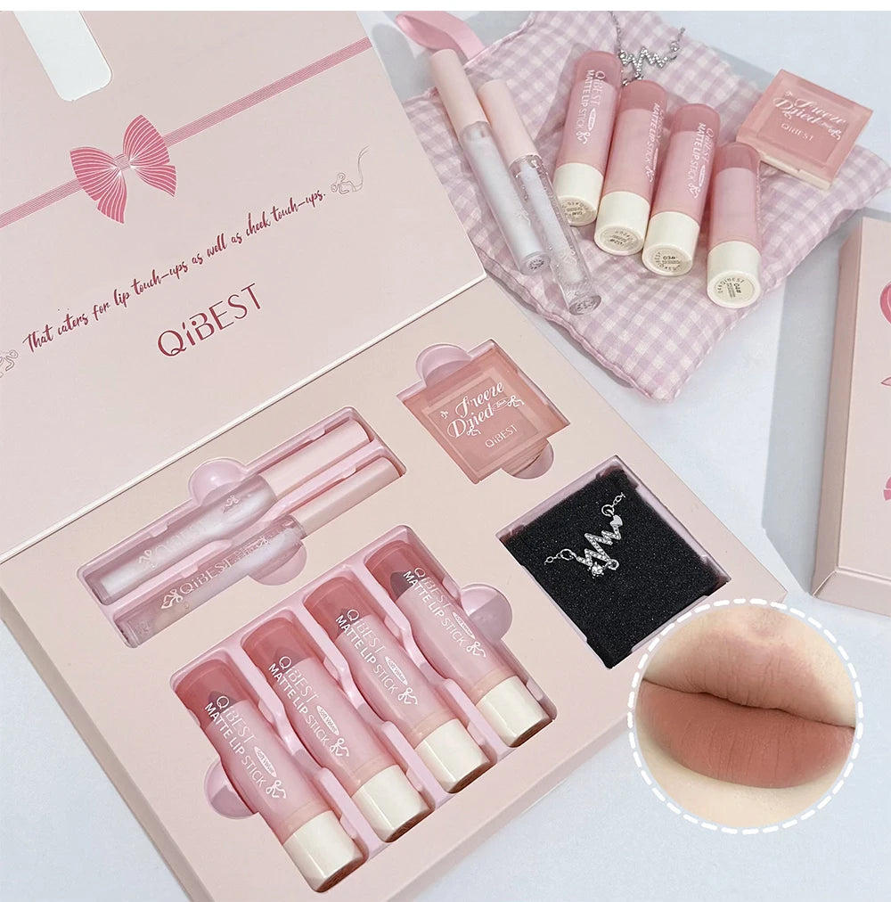 7Pcs/Box Makeup Sets 4PCS Velvet Nude Liquid Lipstick,1 Lip Cream,1 Lip Oil,1 Face Blush Palette And Necklace Gift Cosmetic Kits