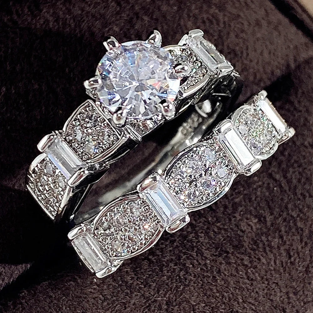 Huitan Set Lady Rings Luxury Wedding Engagement Party Finger Accessories Inlaid Shining Cubic Zirconia Graceful Fashion Jewelry