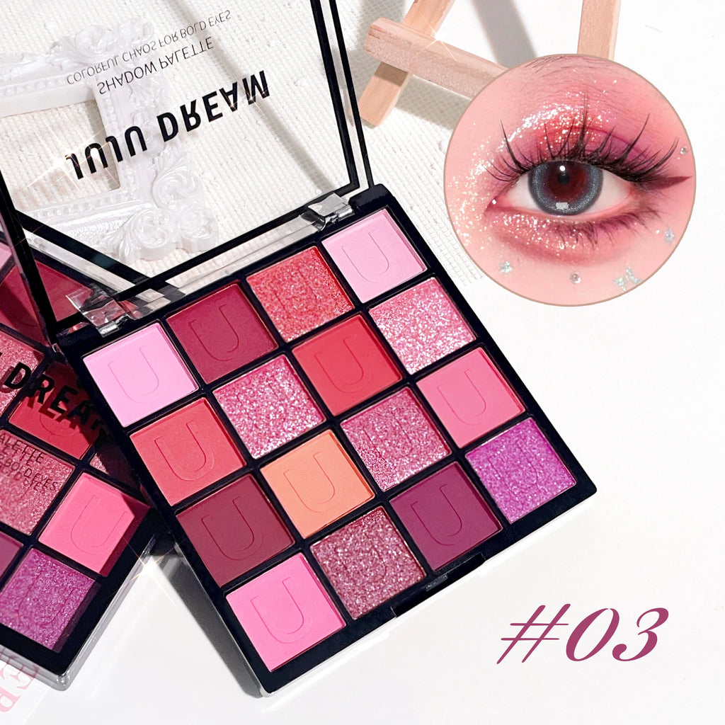 16 grid red eyeshadow tray Purple, glitter pearl matte eyeshadow, Shimmer makeup lasting women, Korean eye cosmetics