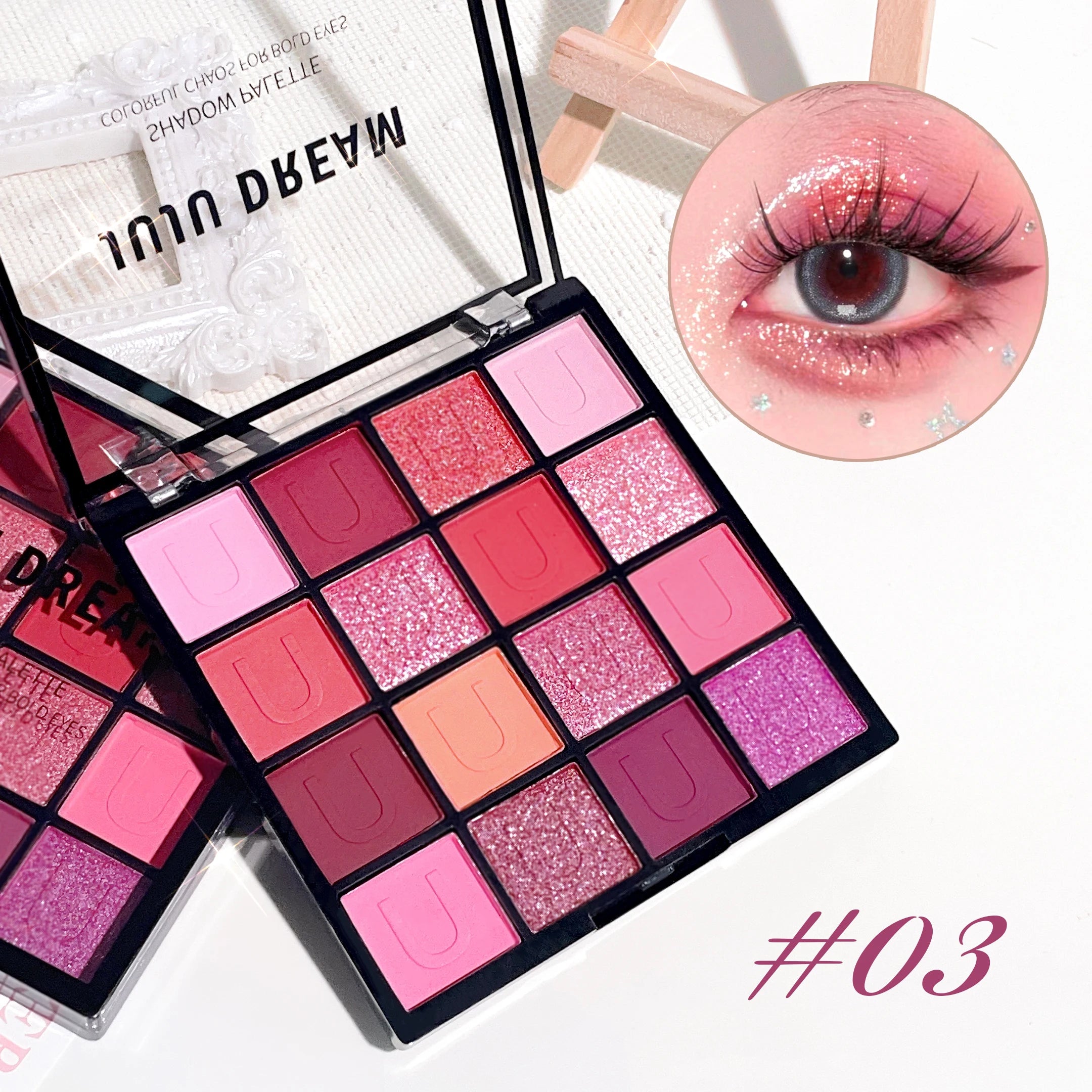 16 grid red eyeshadow tray Purple, glitter pearl matte eyeshadow, Shimmer makeup lasting women, Korean eye cosmetics
