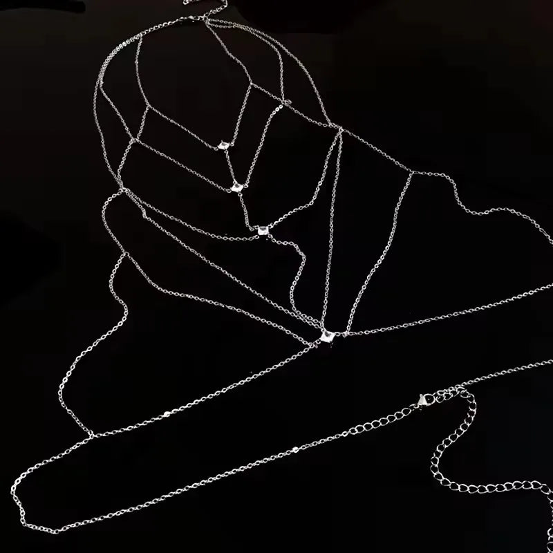 Luxury Square Crystal Chest Chain for Women Multilayer Silver Color Metal Beads Zircon Body Chain Sexy Beach Bikini Jewelry Gift
