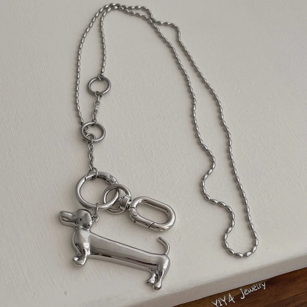 Minar Unique Design Smooth Surface Dachshund Cartoon Dog Pendant Necklaces for Women Silver Plated Long Beads Sweater Chain