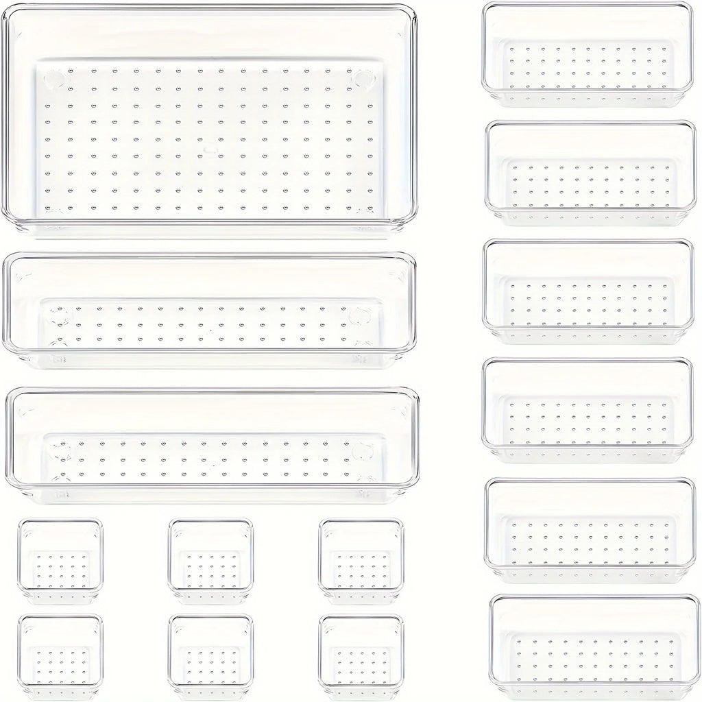 10-Piece Versatile Drawer Organizer Set - Clear Plastic Trays and Dividers in 4 Sizes for Perfect Makeup and Kitchen Storage