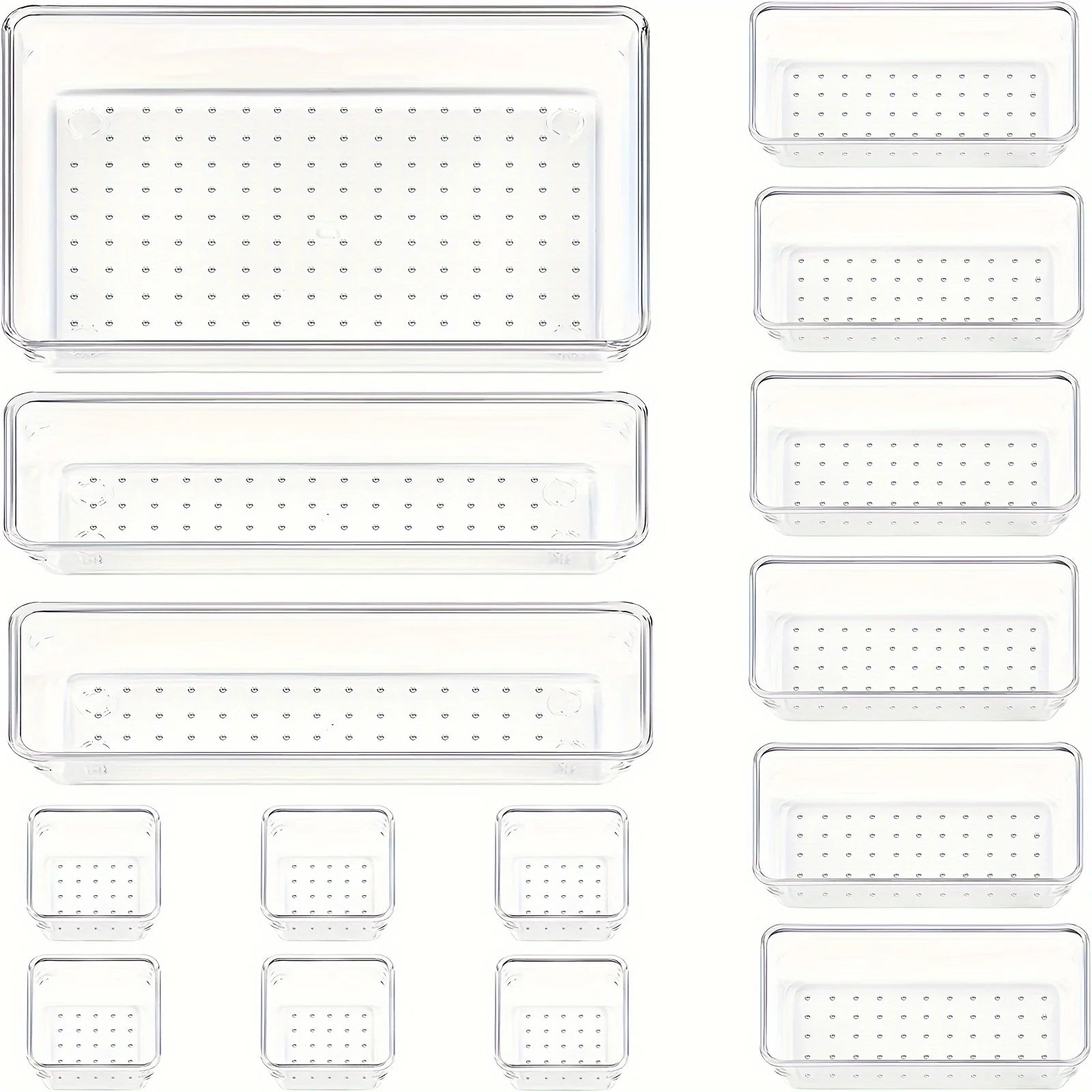 10-Piece Versatile Drawer Organizer Set - Clear Plastic Trays and Dividers in 4 Sizes for Perfect Makeup and Kitchen Storage