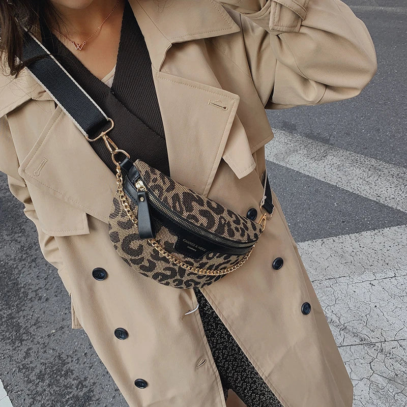 New Fashion Leopard Women Waist Bag Female Phone Purses Ladies Chest Wide Strap Crossbody Shoulder Bags Small Chain Fanny Packs