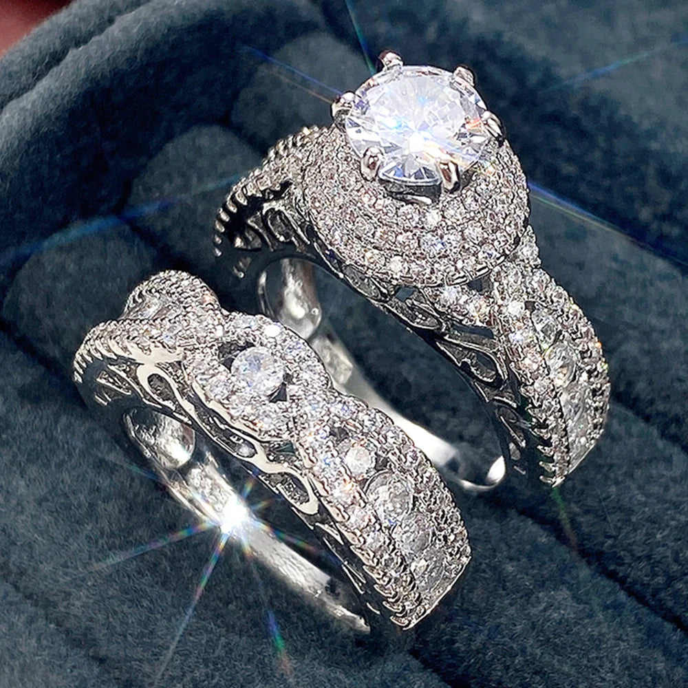 Huitan Set Lady Rings Luxury Wedding Engagement Party Finger Accessories Inlaid Shining Cubic Zirconia Graceful Fashion Jewelry