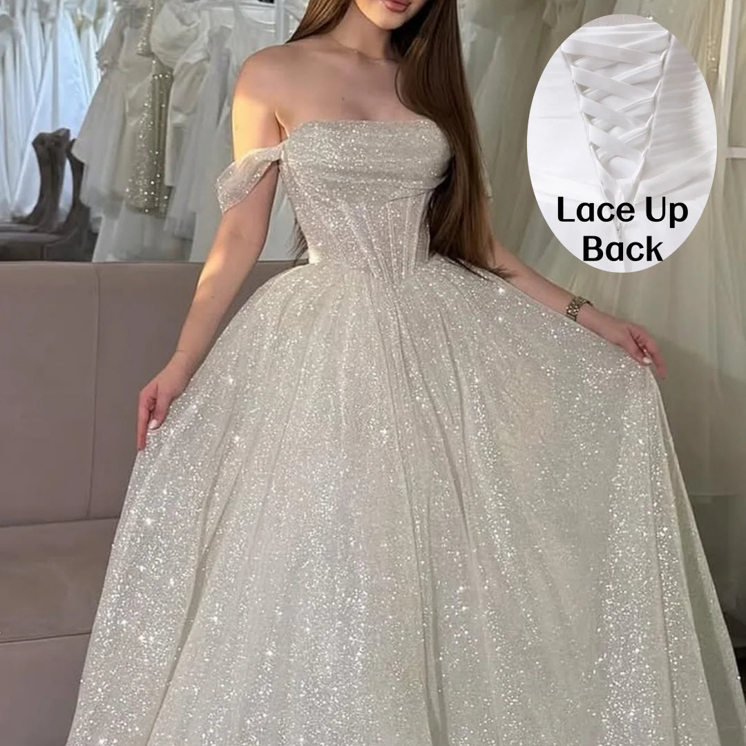 Glitter Off the Shoulder Tulle Evening Dresses Boat-neck A-line Ruched Plain Prom Dress Luxurious Long Formal Party Ball Gowns