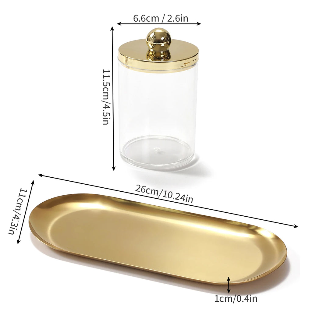 2/3 Pack Qtip Holder Bathroom Set with Golden Tray Organizer Acrylic Plastic Apothecary Jars Qtip Dispenser Canister with Lid
