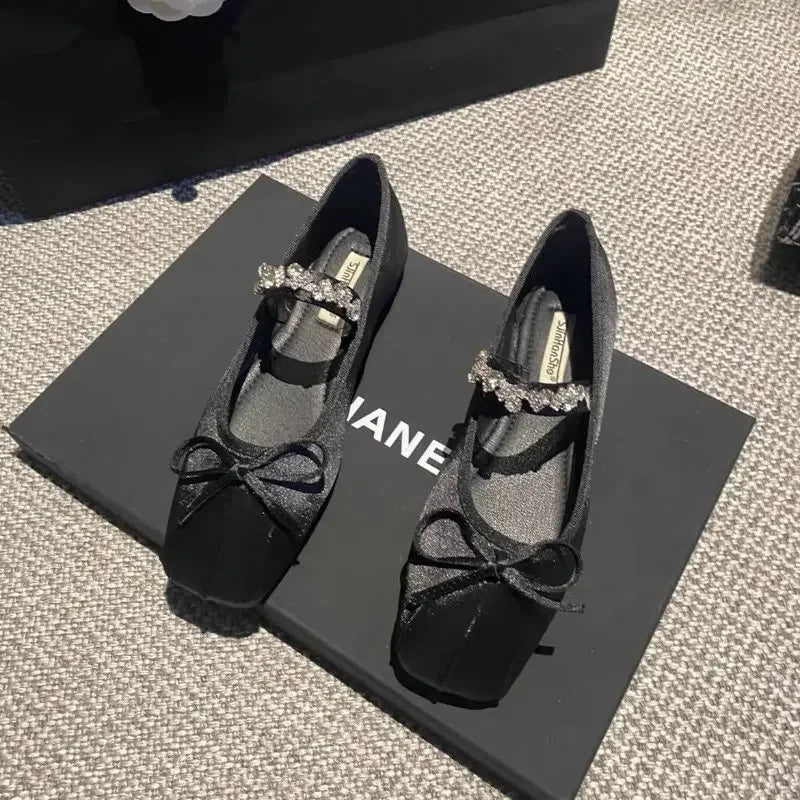 Square Toe Flat Shoes for Women Rhinestone Spring Autumn 2025 New Ballet Shoes Mary Jane Shoes for Women Big Size 42 43 44