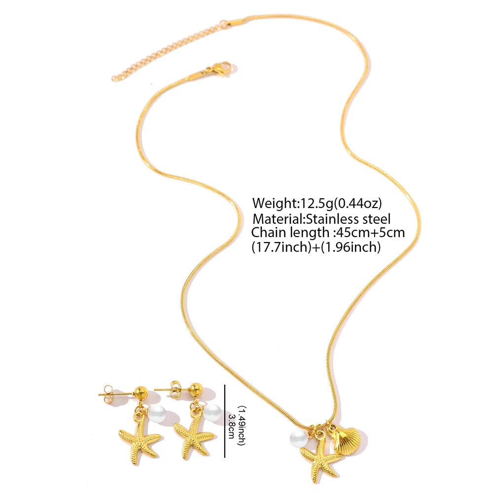 DOTIFI Stainless Steel Starfish Shell Faux Pearl Pendant Necklace Earrings Set Fashion Summer Beach Jewelry For Women Daily Wear