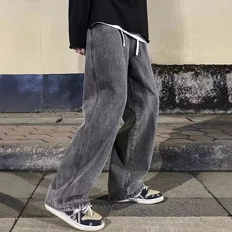 2025 Men's Jeans Korean Version Student Casual Pants High Street Straight Loose Wide Leg Jeans Black Grey Blue Baggy Jeans