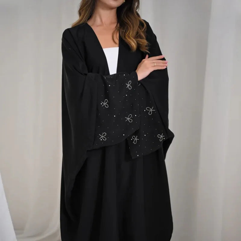 Luxury Dubai Abaya with Beaded Bow Modest Dress for Muslim Women Elegant Open Front Cover Cardigan Fashion Plain Turkey Outfit