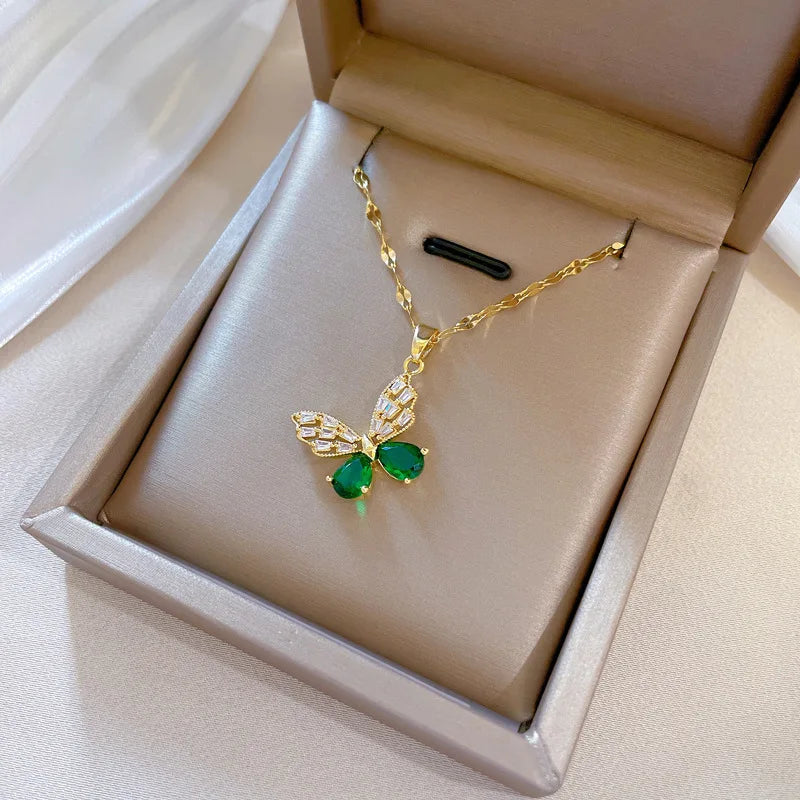 DIEYURO 316L Stainless Steel Steell Green Crystal Hollow Out Butterfly Necklace Earring Set For Women New Fashion Jewelry Gift