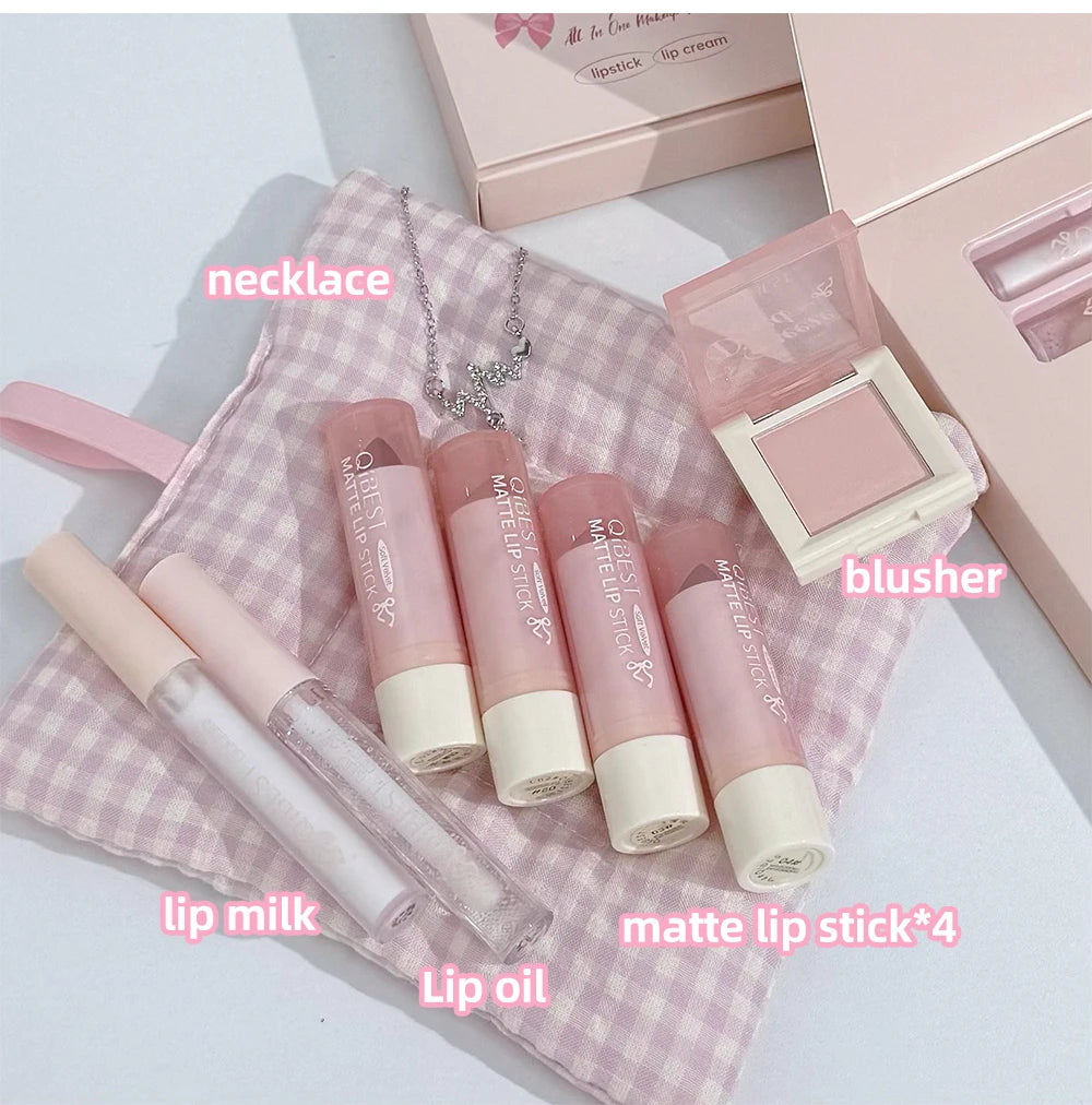 7Pcs/Box Makeup Sets 4PCS Velvet Nude Liquid Lipstick,1 Lip Cream,1 Lip Oil,1 Face Blush Palette And Necklace Gift Cosmetic Kits