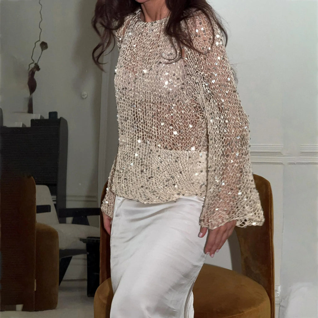 Sequined Knitting O-neck Pullover Women Elegant Hollow Out Design Long Sleeve 2025 Spring Evening Party Tops for Ladies