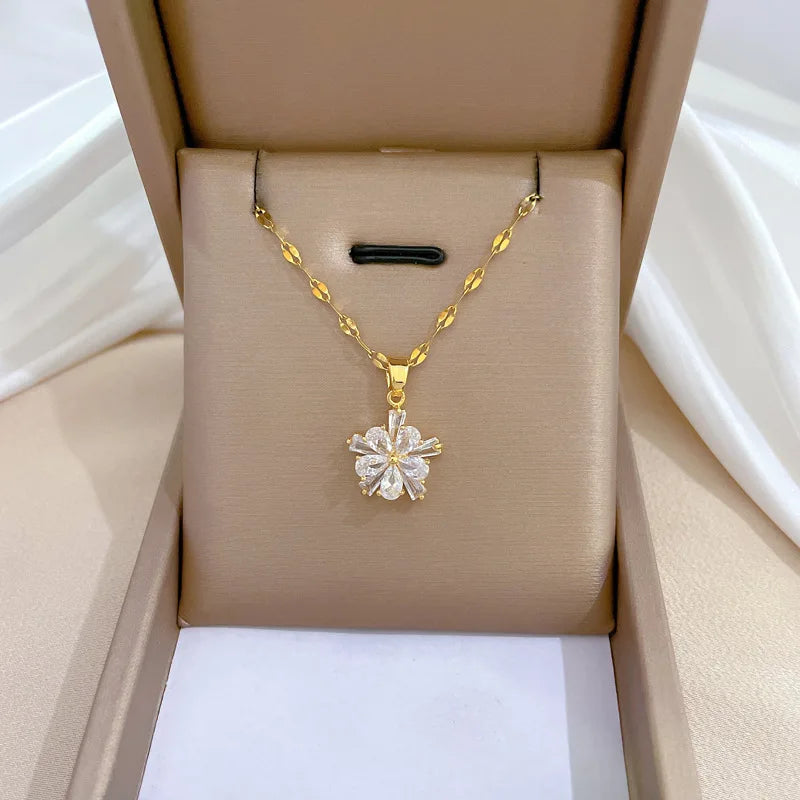 DIEYURO 316L Stainless Steel Lovely White Crystal Flower Charm Necklace Earrings For Women Girl New Trendy Jewelry Set Gift