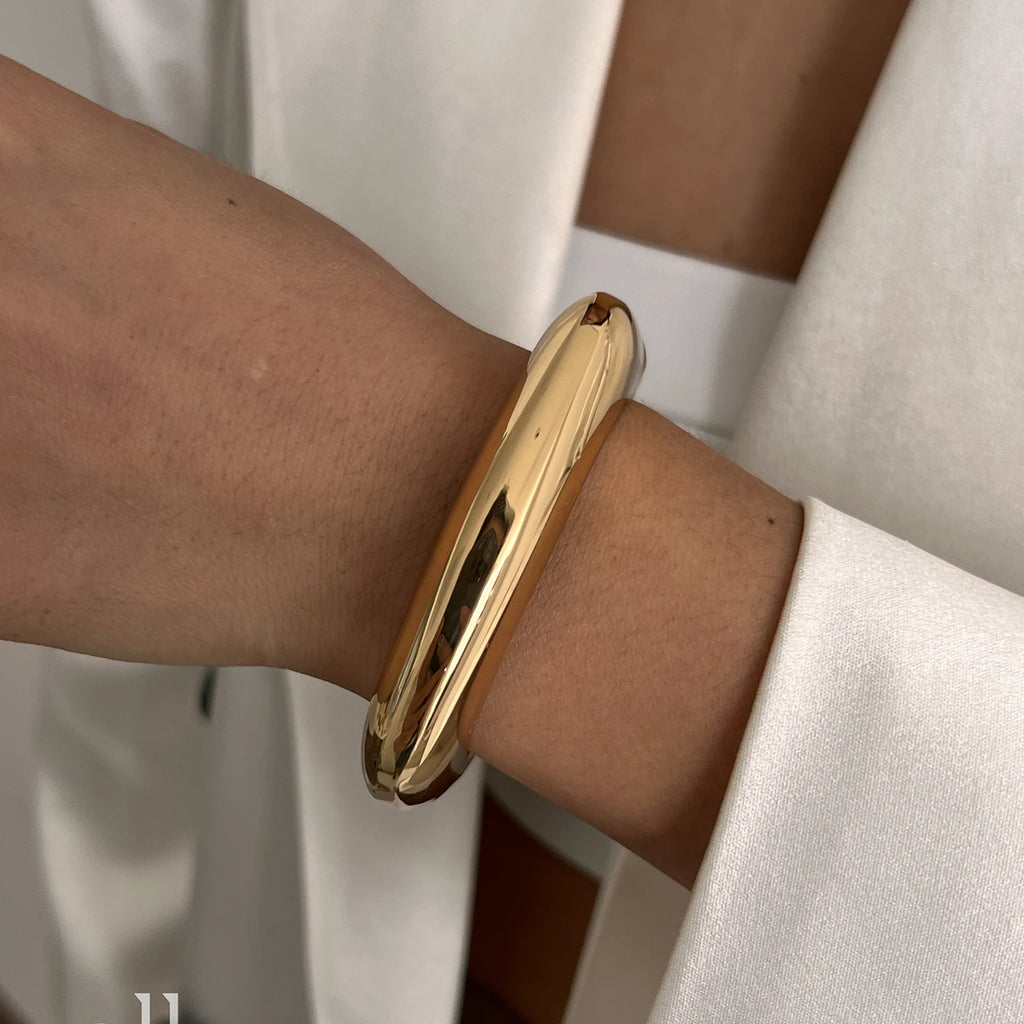 Ingemark Exaggerated Punk Smooth Heavy Metal Chunky Spring Bangles Women Hip Hop Gold Color Arm Bracelet Steampunk Men Jewelry