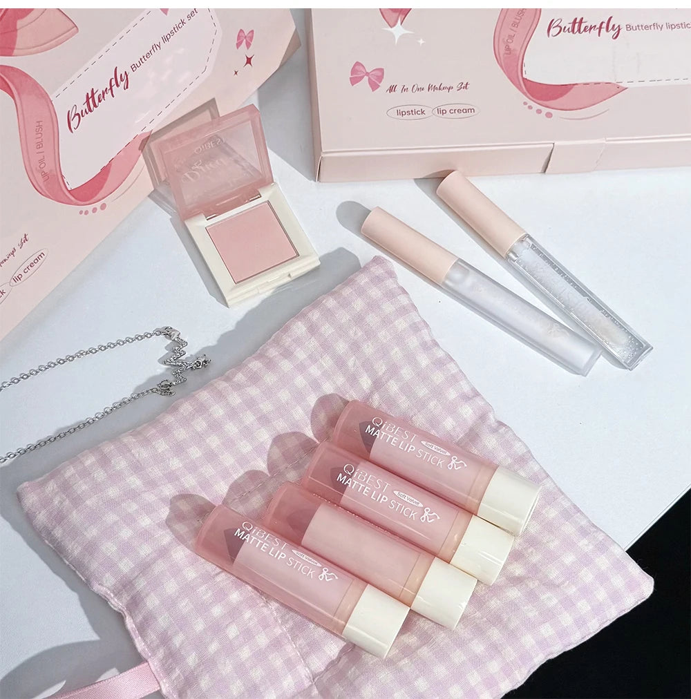 7Pcs/Box Makeup Sets 4PCS Velvet Nude Liquid Lipstick,1 Lip Cream,1 Lip Oil,1 Face Blush Palette And Necklace Gift Cosmetic Kits