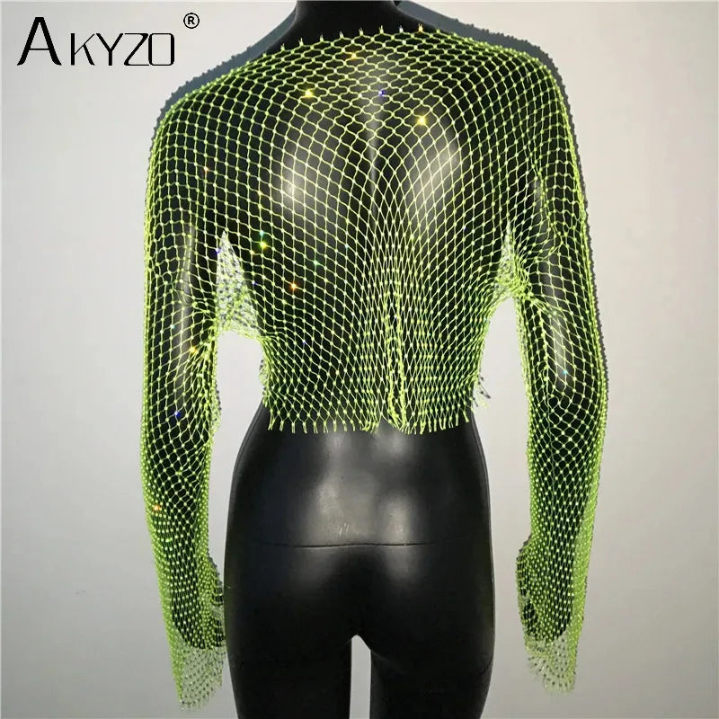 Autumn Women Sexy See Through Fishnet T Shirt Glitter Rhinestone Hollow Mesh Long Sleeve Crop Tops Nightclub Party Festival Top
