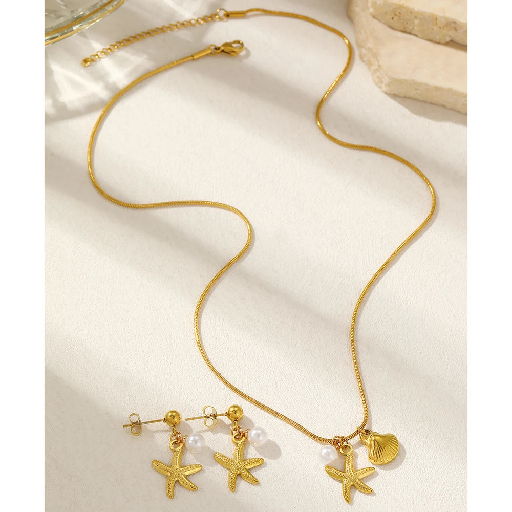 DOTIFI Stainless Steel Starfish Shell Faux Pearl Pendant Necklace Earrings Set Fashion Summer Beach Jewelry For Women Daily Wear