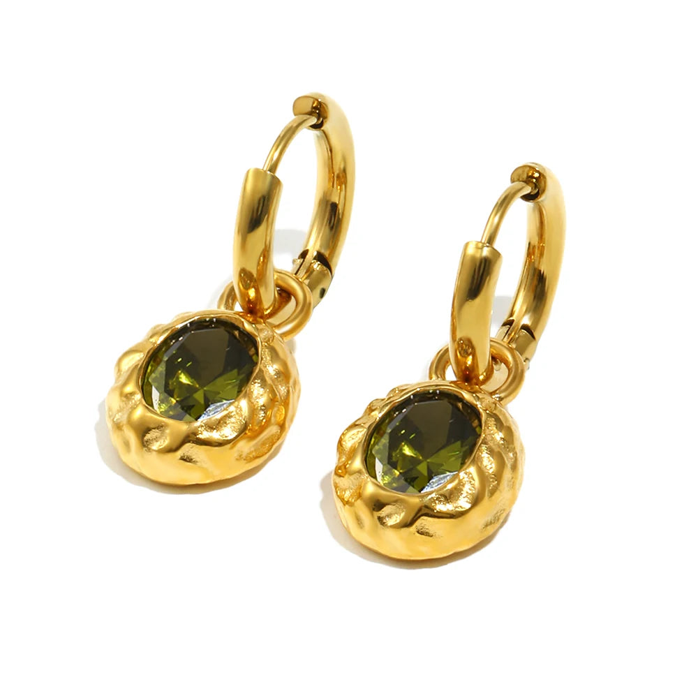 E.B.belle Colorful Zircon Stone Hoop Earring Hammered Pattern Oval Earrings Stainless Steel Gold Plated For Women's Gift