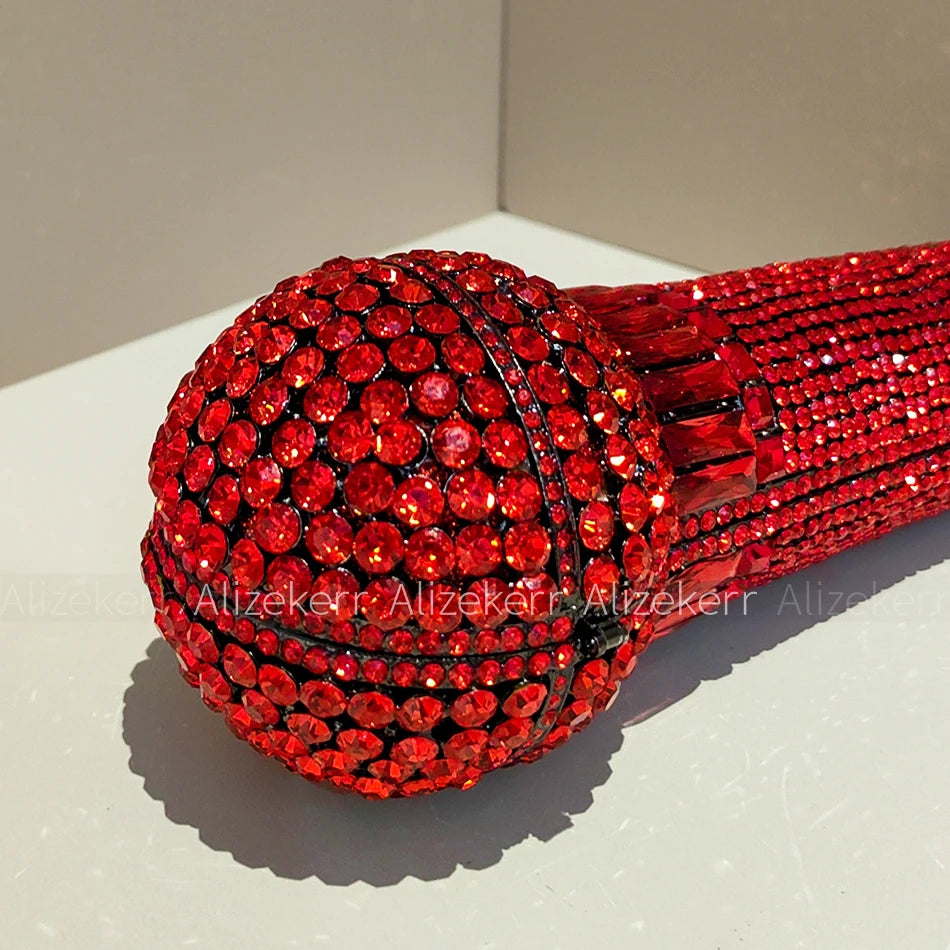 Alizekerr Microphone Shaped Rhinestone Evening Bags Women Gorgeous Unique Diamond Metal Clutch Purses And Handbags Wedding Party