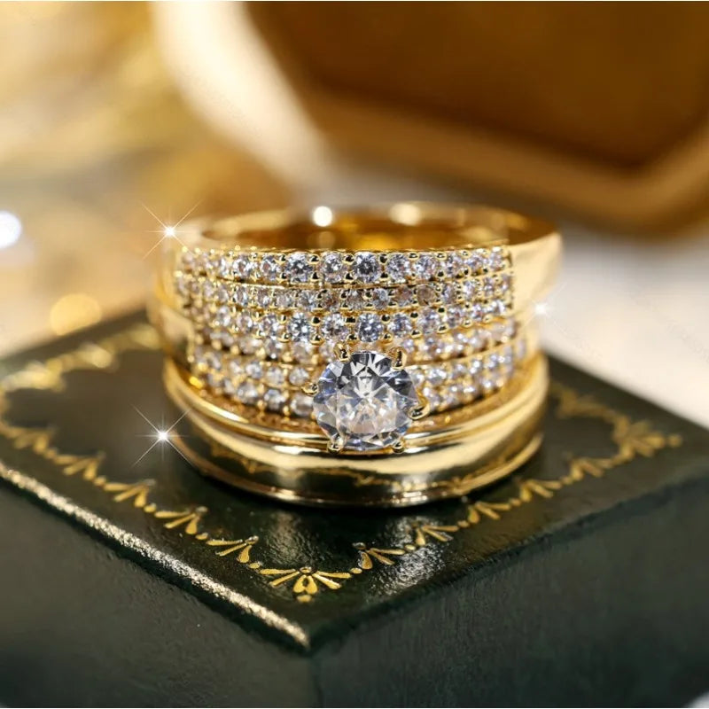 Luxury Crystal Female Zircon Round Stone Rings Set Vintage Gold Color Bridal Engagement Wedding Jewelry for Women