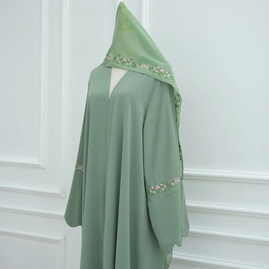 Embroidery Open Abaya and Hijab 2 Piece Set Muslim Dress Abayas for Women Dubai Luxury Islamic Clothing Kaftan Robe Ramadan Eid
