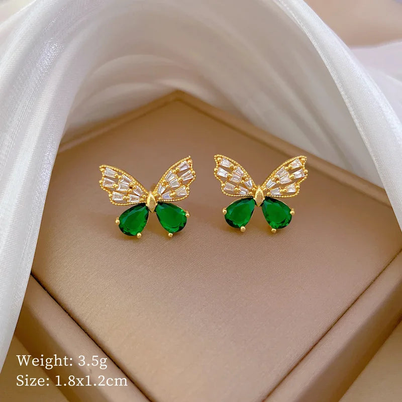 DIEYURO 316L Stainless Steel Steell Green Crystal Hollow Out Butterfly Necklace Earring Set For Women New Fashion Jewelry Gift