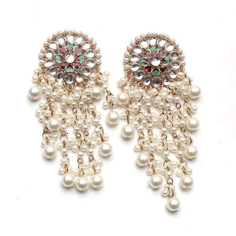 Unique Exaggerated Women Exotic Style Ethnic Bridal Bride Kundan Earrings Pearls Indian Bahubali Drop Earrings Fashion Jewelry