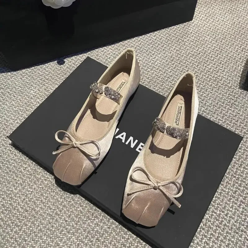 Square Toe Flat Shoes for Women Rhinestone Spring Autumn 2025 New Ballet Shoes Mary Jane Shoes for Women Big Size 42 43 44