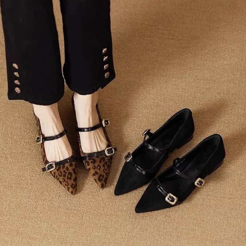 2025 Fall New French Pointed-Toe Leopard Print Mary Janes - Elegant Stylish Commuter Flat Shoes with Single Buckle