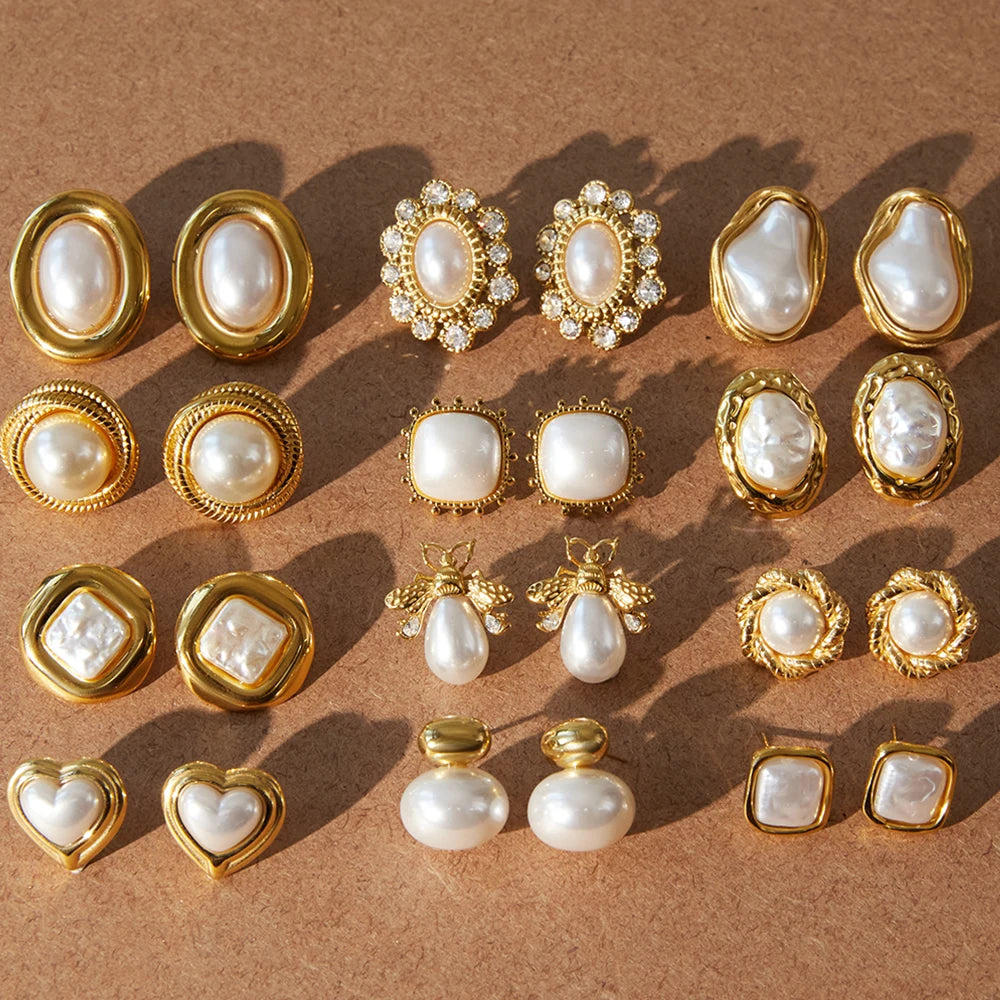 Uworld Exquisite Elegant Irregular Resin Pearls Ear Studs 18K PVD Stainless Steel Gold Color Fine Textured Smooth Earrings For W