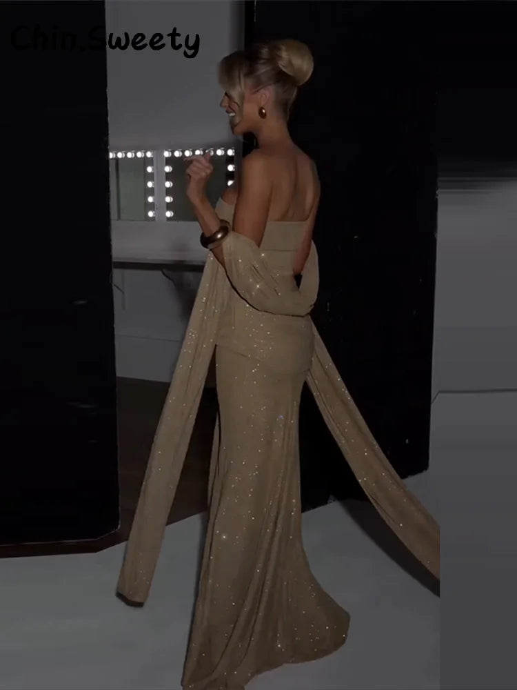 Elegant Ribbon Sequined Long Knotted Dress Sleeveless Strapless See Through Pleated Dresses 2026 Spring Lady Party Evening Robes