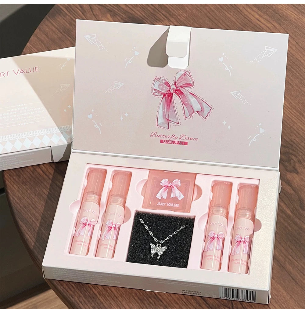 6Pcs/Box Matte Lipstick Set Lips Makeup Velvet Nude Lip Gloss Moisturizing Lip Glaze Face Blush Palette Makeup Set Necklace Gift