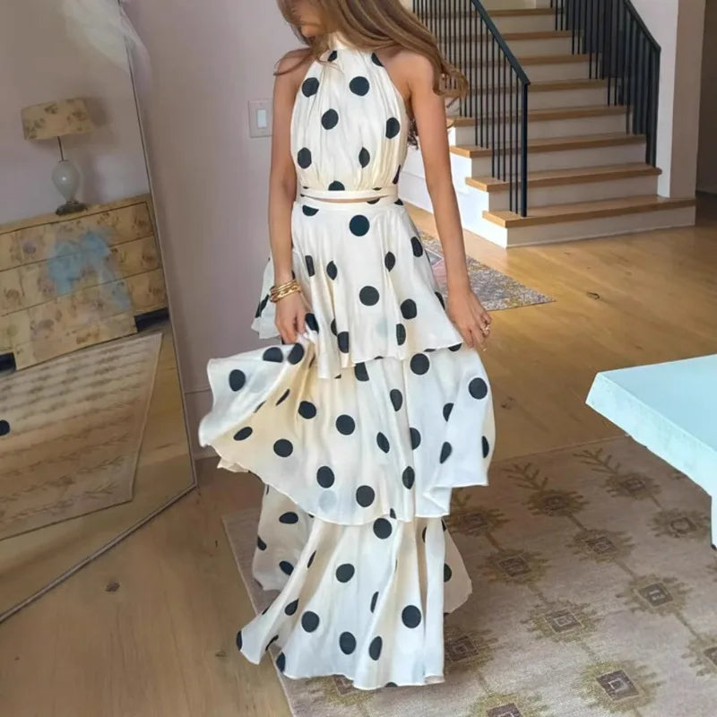 Tuularose Women's 2-Piece Long Sleeveless Polka Dot Dress Set with Ruffle Pleated Skirt Elegant O-Neck Top Sexy Ankle-Length Party Dress