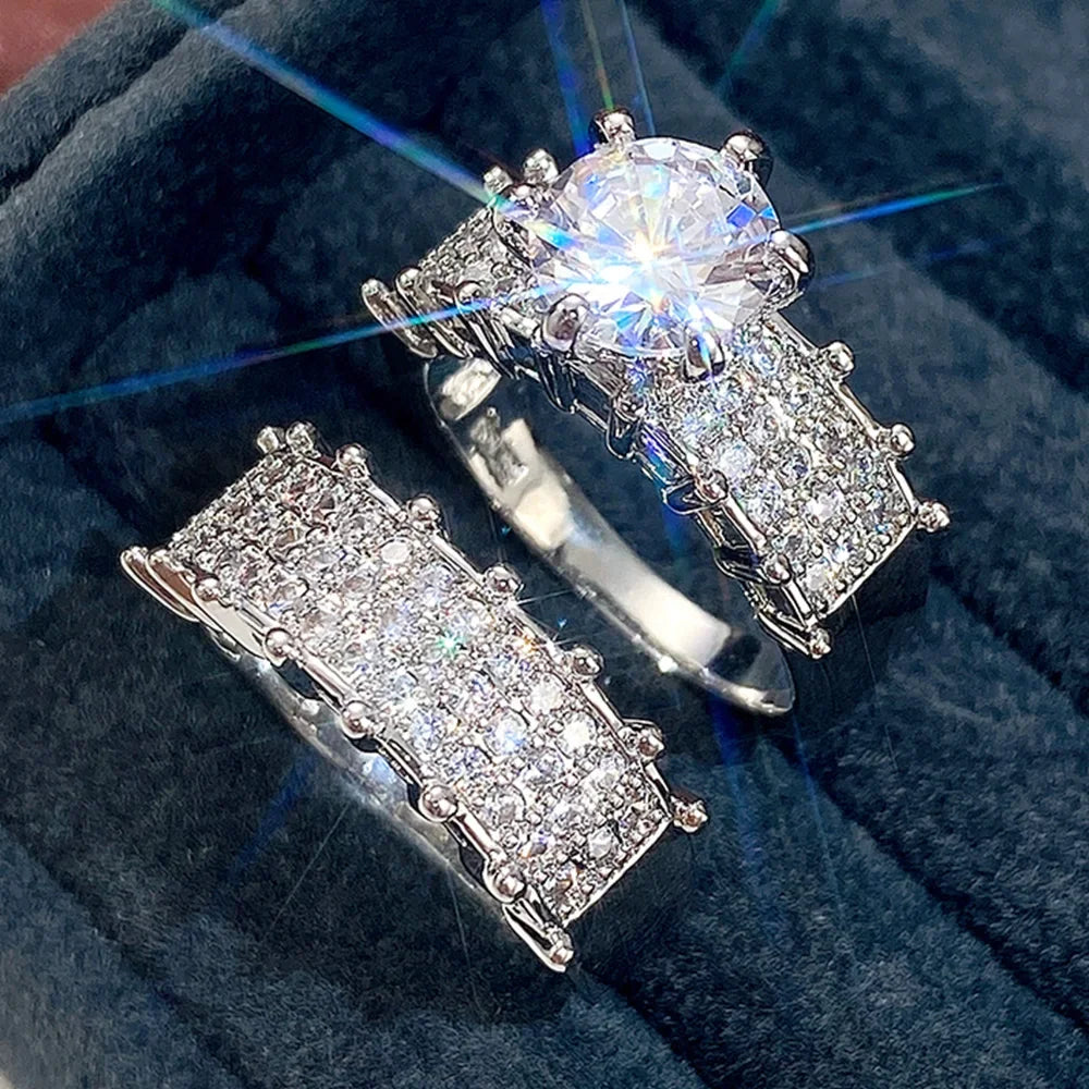 Huitan Set Lady Rings Luxury Wedding Engagement Party Finger Accessories Inlaid Shining Cubic Zirconia Graceful Fashion Jewelry