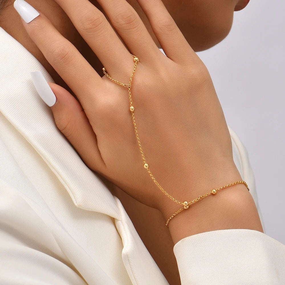 Simple Heart Pendant Chain Bracelet Link Connected Gold plated Wide Finger Ring Bracelets for Women Link Hand Harness Jewelry