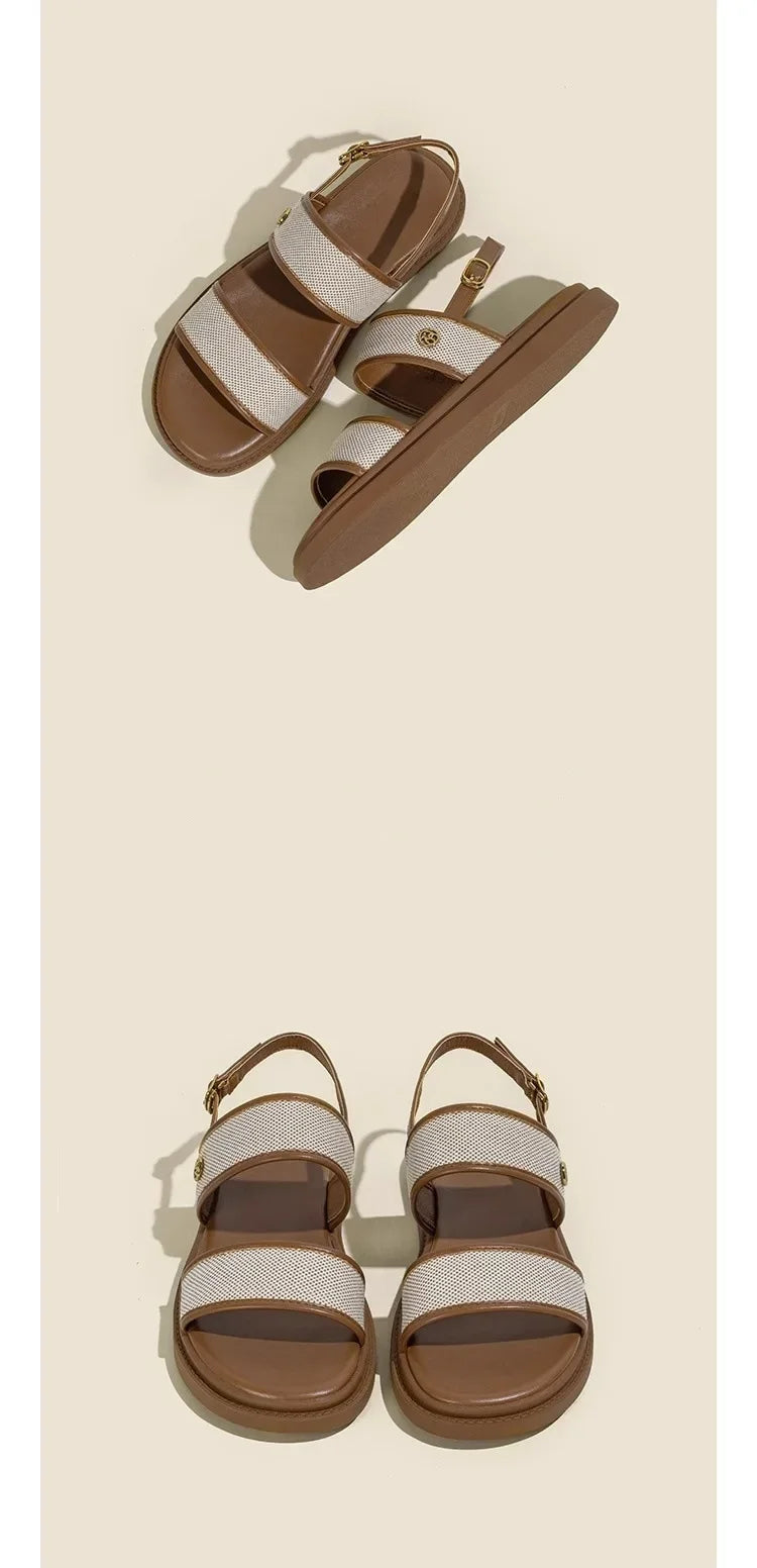Low Sandals Woman Leather Low-heeled Rome Fabric Slides Rubber Hoof Heels Low Sandals Woman Leather Low-heeled Fabric Rubber Sli