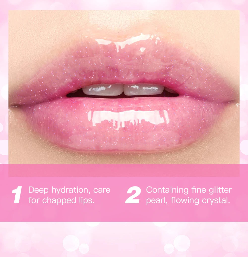 QIBEST Glitter Lipstick Lip Balm Color Change Transparent Moisturizing Crystal Jelly Pearlescent Lip Plumper Gloss Tint Cosmetic
