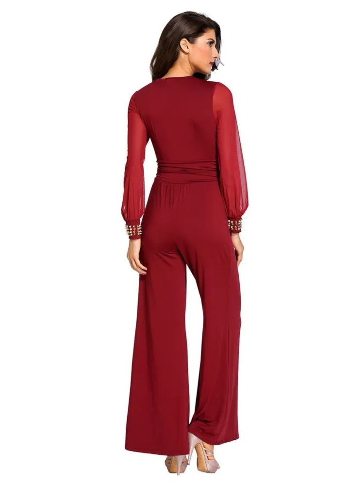 Fashion Deep V-neck Long-sleeved Waist Jumpsuit For Women Elegant Solid Color Lace Lantern Sleeves Loose Casual Jumpsuit Female